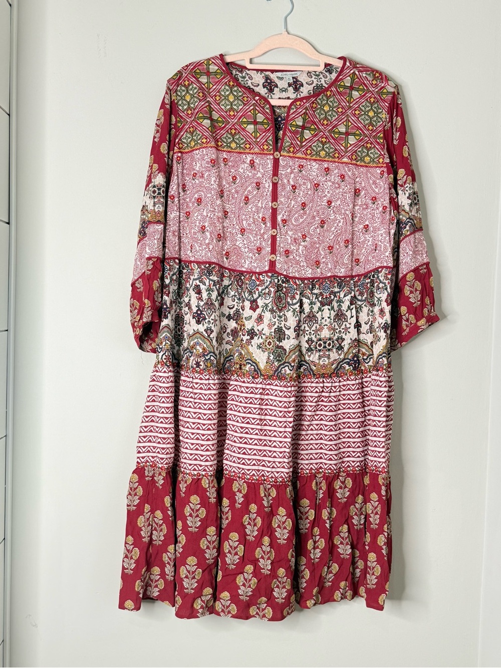 John Mark Bohemian Printed Tiered Midi Dress - Rose Red XL NWOT - Picture 2 of 9
